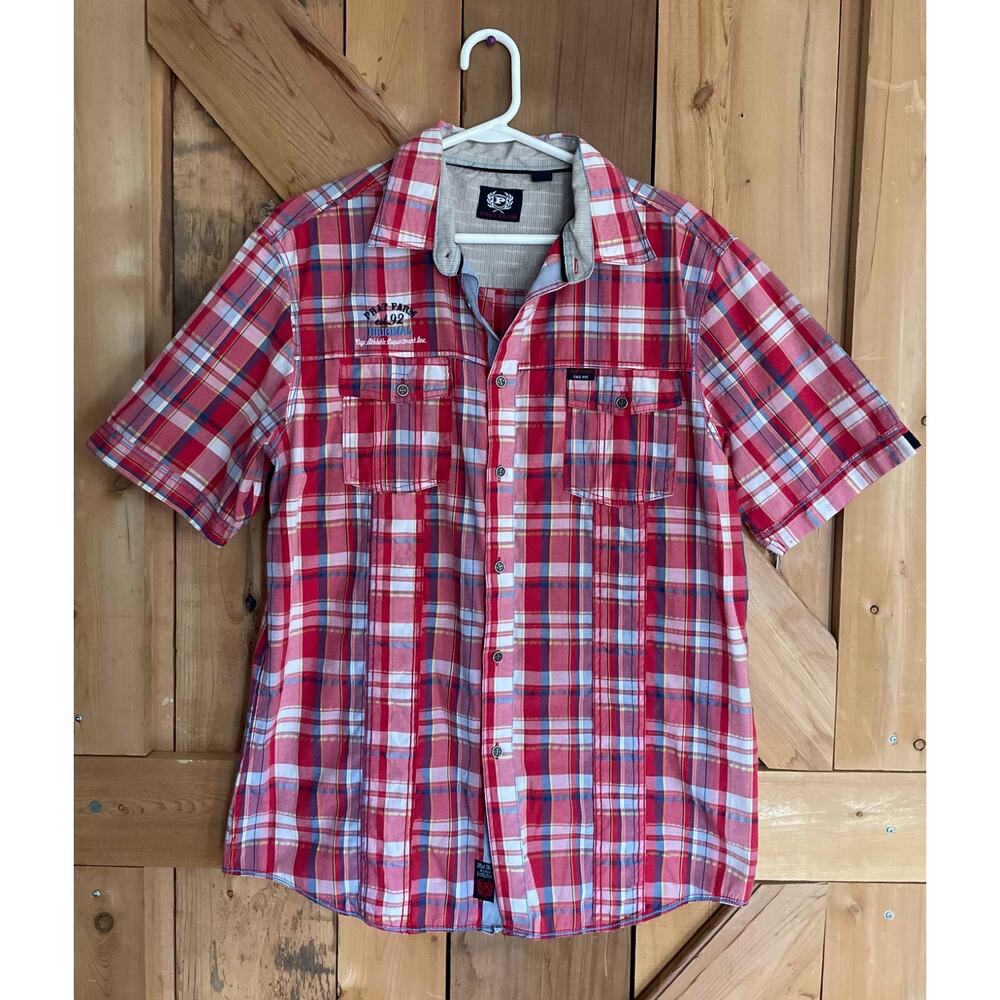 Phat Farm Red Plaid Short Sleeve Button Down Shirt, Mens L, 90's, Preppy